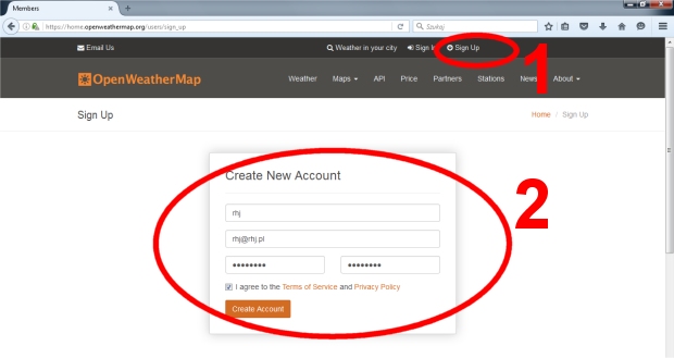 Rejestracja konta OpenWeatherMap